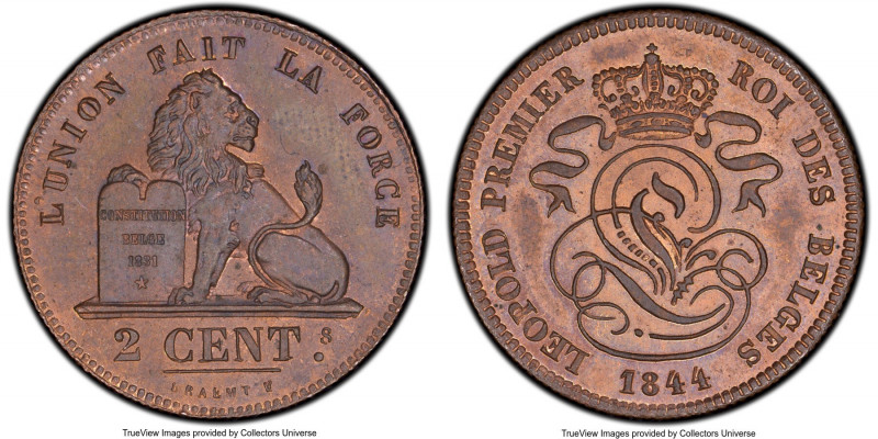 Leopold I 2 Centimes 1844 MS65 Red and Brown PCGS, Brussels mint, KM4.4. Variety...
