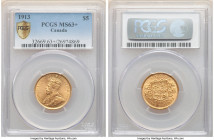 George V gold 5 Dollars 1913 MS63+ PCGS, Ottawa mint, KM26. Three year type. AGW 0.2419 oz. 

HID09801242017

© 2022 Heritage Auctions | All Rights Re...