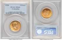 Republic gold 5 Pesos 1928 MS66 PCGS, Medellin mint, KM204. MFDFLLEN mint. Deep antique golden color with silken luster. AGW 0.2355 oz. 

HID098012420...