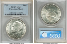Republic Pair of Certified "Jose Marti Centennial" Issues 1953 PCGS, 1) 50 Centavos 1953 - MS64, KM28 2) Peso 1953 - MS62, KM-29 Philadelphia mint. So...