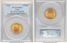 Republic gold 4 Pesos 1916 MS63 PCGS, Philadelphia mint, KM18. Two year type. Ex. Rive d'Or Collection 

HID09801242017

© 2022 Heritage Auctions | Al...