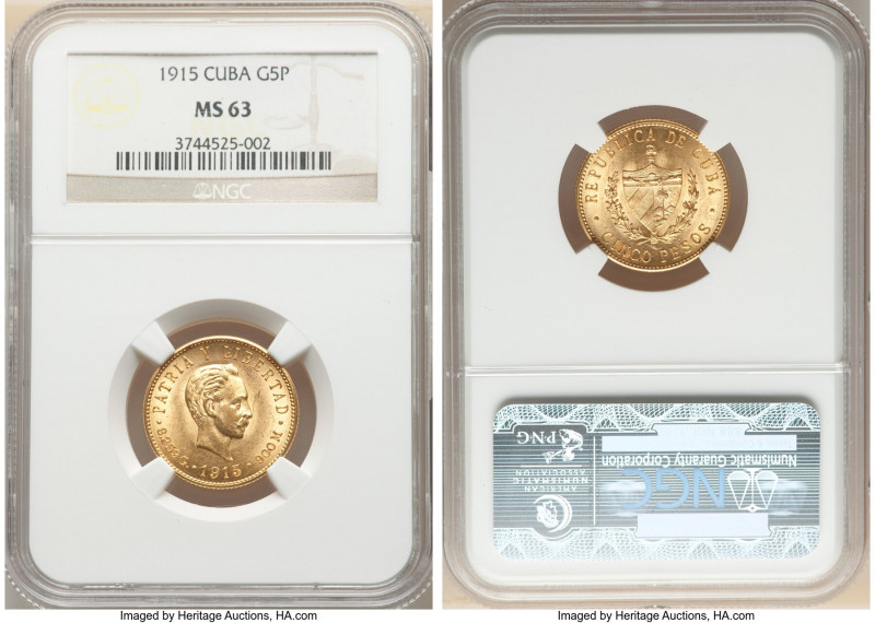 Republic gold 5 Pesos 1915 MS63 NGC, Philadelphia mint, KM19. AGW 0.2419 oz. 

H...