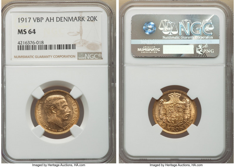 Christian X gold 20 Kroner 1917 (h)-VBP MS64 NGC, Copenhagen mint, KM817.1. AGW ...