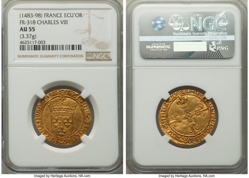 Charles VIII gold Ecu d'Or au Soleil ND (1483-1498) AU55 NGC, Toulouse mint, Dup...