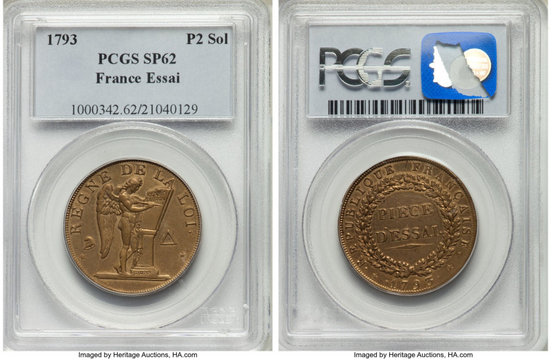 Republic bronze Specimen Essai 2 Sols 1793 SP62 PCGS, Maz-337. By Dupré. 

HID09...