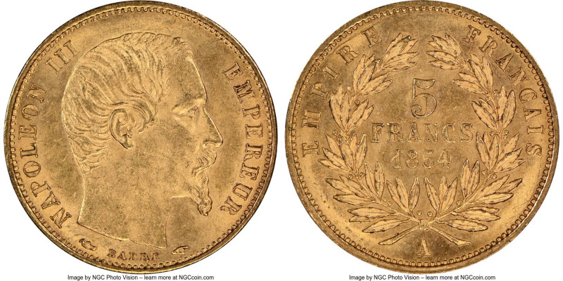 Napoleon III gold 5 Francs 1854-A MS65 NGC, Paris mint, KM783. Plain edge variet...