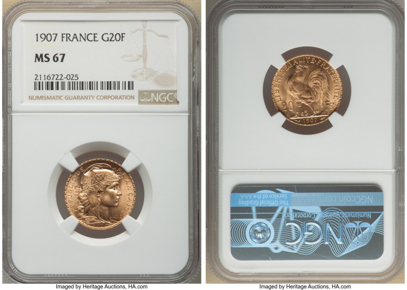 Republic gold 20 Francs 1907 MS67 NGC, Paris mint, KM857. Luminous cartwheel bri...