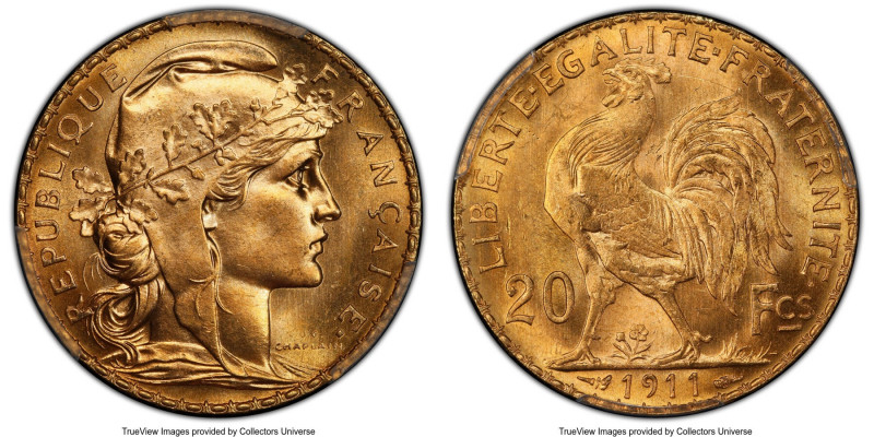 Republic gold 20 Francs 1911 MS66 PCGS, Paris mint, KM857, Gad-1064a, F-535. Car...