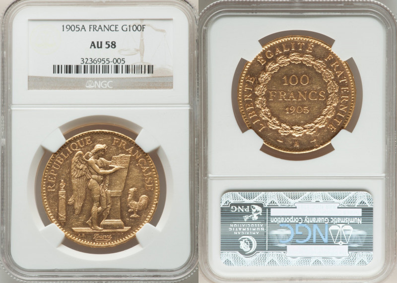 Republic gold 100 Francs 1905-A AU58 NGC, Paris mint, KM832, Gad-1137. Mintage: ...