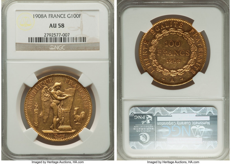 Republic gold 100 Francs 1908-A AU58 NGC, Paris mint, KM858, Fr-553. Reflective ...
