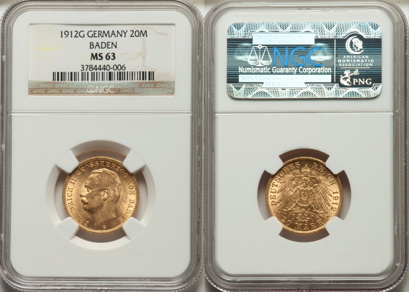 Baden. Friedrich II gold 20 Mark 1912-G MS63 NGC, Karlsruhe mint, KM284. 

HID09...