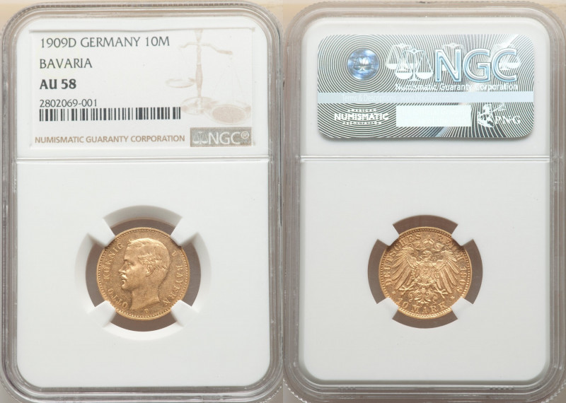 Bavaria. Otto gold 10 Mark 1909-D AU58 NGC, Munich mint, KM994. AGW 0.1152 oz. 
...