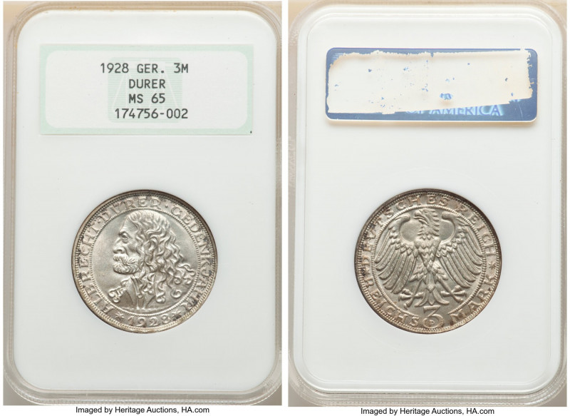 Weimar Republic "Dürer" 3 Mark 1928-D MS65 NGC, Munich mint, KM58, J-332. Commem...