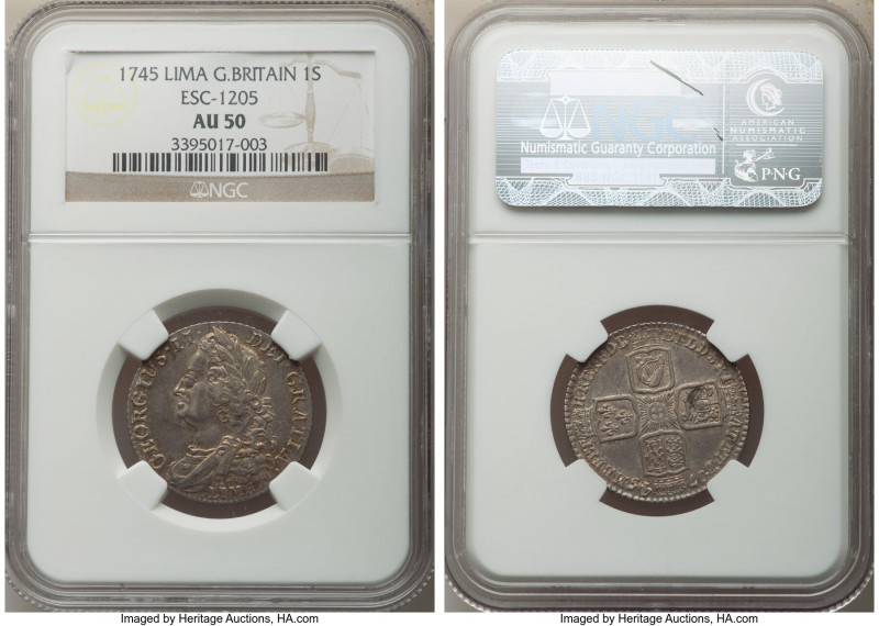 George II "Lima" Shilling 1745 AU50 NGC, KM583.2, S-3703. ESC-1205. LIMA below b...
