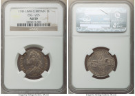 George II "Lima" Shilling 1745 AU50 NGC, KM583.2, S-3703. ESC-1205. LIMA below bust. Pastel hues interlaced among the pewter gray tone and lustrous su...