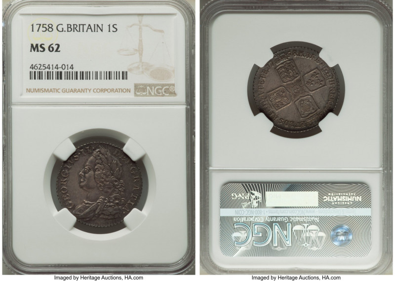 George II Shilling 1758 MS62 NGC, KM583.3, S-3704. Conservatively graded, dresse...