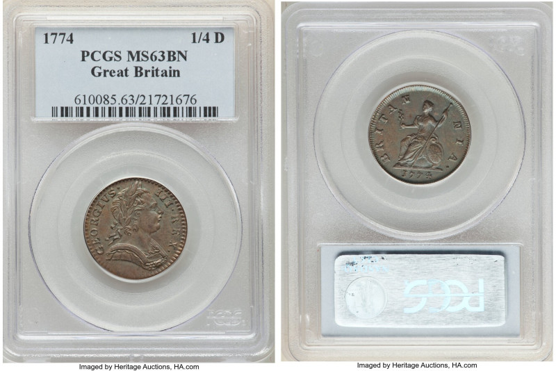 George III Farthing 1774 MS63 Brown PCGS, KM602. Chocolate surfaces with teal to...