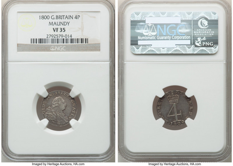 George III 4-Piece Certified Maundy Set 1800 NGC, 1) Penny - AU55, KM614 2) 2 Pe...