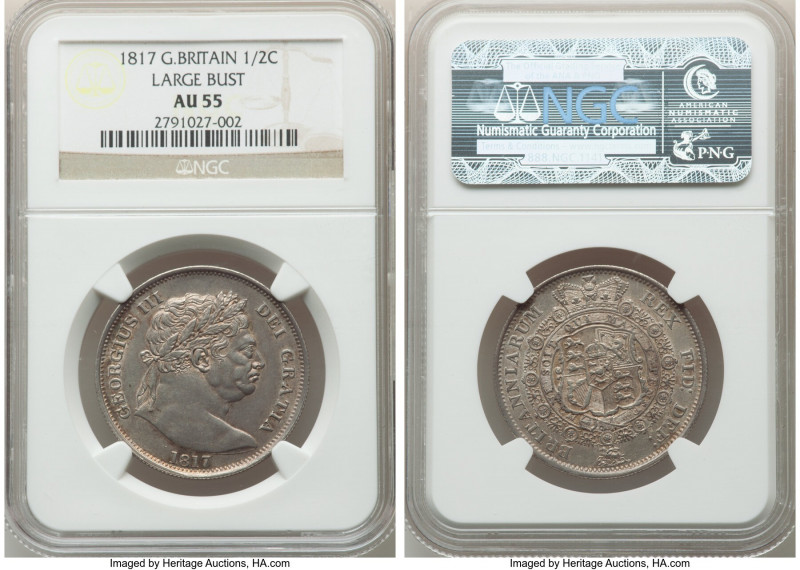 George III "Large Bust" 1/2 Crown 1817 AU55 NGC, KM667, S-3788. Bull head variet...