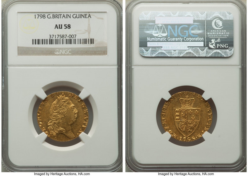 George III gold Guinea 1798 AU58 NGC, KM609, S-3729. Honey-golden color with vis...