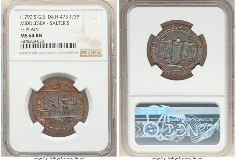 Middlesex. Salters copper 1/2 Penny Token ND (1790's) MS64 Brown NGC, D&H-473. E...