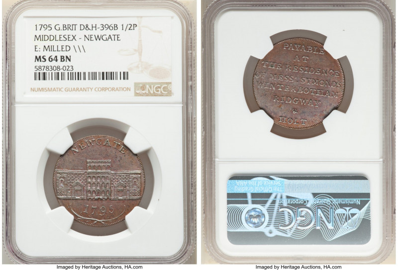 Middlesex. Newgate copper 1/2 Penny Token 1795 MS64 Brown NGC, D&H-396b. Edge: M...