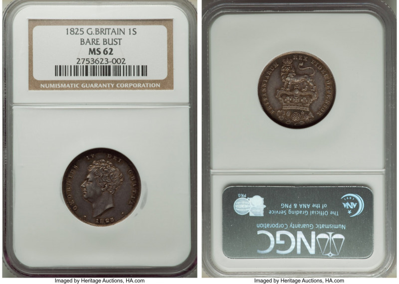 George IV "Bare Head" Shilling 1825 MS62 NGC, KM694, S-3812. First year of type....