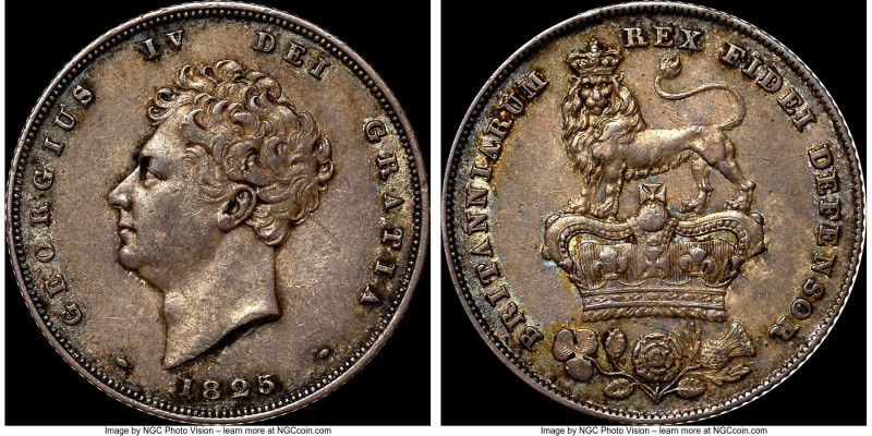 George IV "Bare Head" Shilling 1825 AU58 NGC, KM694, S-3812. First year of type....