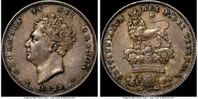 George IV "Bare Head" Shilling 1825 AU58 NGC, KM694, S-3812. First year of type. Gunmetal toned. Comes with dealer envelope. Ex. Eric P. Newman Collec...