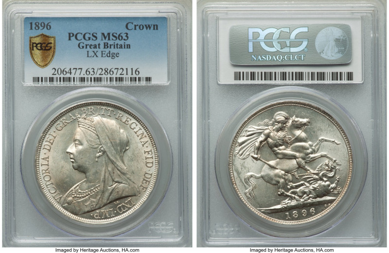 Victoria Crown 1896 MS63 PCGS, KM783, S-3937. Edge LX. Veiled head type. 

HID09...