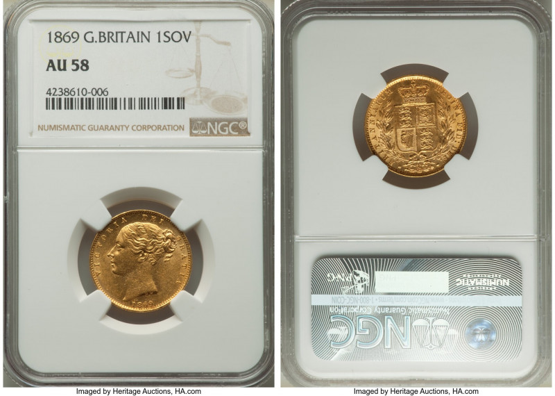Victoria gold Sovereign 1869 AU58 NGC, KM736.2, S-3853. Die #63. AGW 0.2355 oz. ...