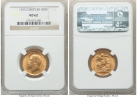 George V gold Sovereign 1915 MS62 NGC, KM820, S-3996. AGW 0.2355 oz. 

HID09801242017

© 2022 Heritage Auctions | All Rights Reserved
