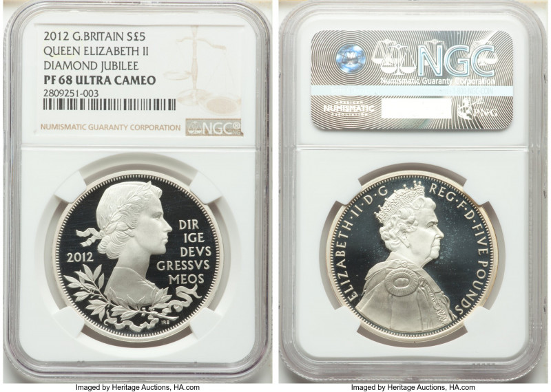 Elizabeth II silver Proof "Diamond Jubilee" 5 Pounds 2012 PR68 Ultra Cameo NGC, ...
