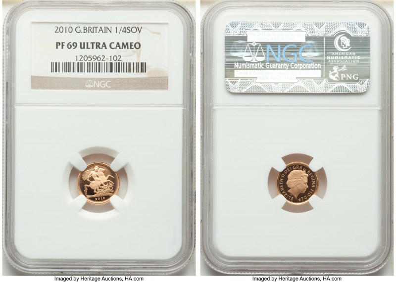 Elizabeth II gold Proof 1/4 Sovereign 2010 PR69 Ultra Cameo NGC, KM1117. 

HID09...