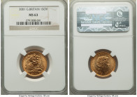 Elizabeth II gold Sovereign 2001 MS63 NGC, KM1002. AGW 0.2355 oz. 

HID09801242017

© 2022 Heritage Auctions | All Rights Reserved