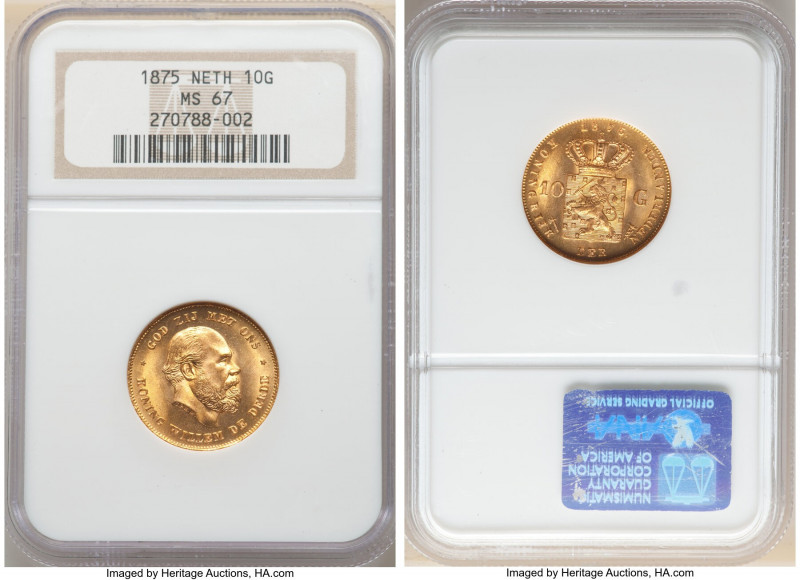 Willem III gold 10 Gulden 1875 MS67 NGC, Utrecht mint, KM105. Brilliant honey-go...