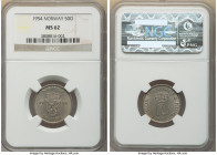 Haakon VII 50 Ore 1954 MS62 NGC, Kongsberg mint, KM402. Key date in this short series. 

HID09801242017

© 2022 Heritage Auctions | All Rights Reserve...