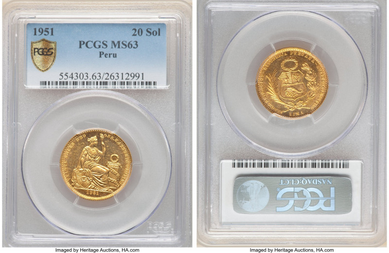Republic gold 20 Soles 1951 MS63 PCGS, Lima mint, KM229. Semi-Prooflike surfaces...