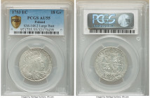 August III 18 Groszy 1753-EC AU55 PCGS, KM148.2. Also known as a Tympf. Larger portrait variety. Weakly struck in parts, yet little actual wear. 

HID...