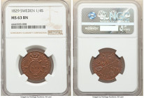 Carl XIV Johan 1/4 Skilling 1829 MS63 Brown NGC, KM595. Full strike and slightly off center, exhibiting a fair portion of red still visible. 

HID0980...