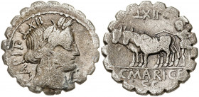 (hacia 81 a.C.). Gens Maria. Denario. (Bab. 9) (Craw. 378/1c). Contramarca en anverso. 3,28 g. BC+.