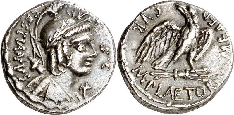 (hacia 67 a.C.). Gens Plaetoria. Denario. (Bab. 4) (Craw. 409/1). 3,64 g. MBC+.