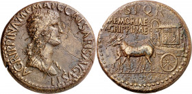 (37-41 d.C.). Agripina madre. Sestercio. (Spink 1827) (Co. 1) (RIC. 55, de Calígula). Rayas en anverso. Rara. 26,11 g. (MBC+).