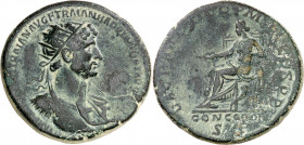 (117 d.C.). Adriano. Dupondio. (Spink falta) (Co. 260 var) (RIC. 38). Pátina verde. 10,65 g. MBC/MBC-.