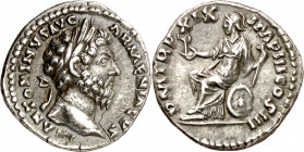 (165 d.C.). Marco Aurelio. Denario. (Spink 4922 var) (S. 484) (RIC. 141). 3,48 g. MBC+.