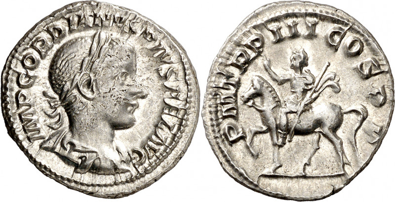 (240 d.C.). Gordiano III. Denario. (Spink 8678) (S. 234) (RIC. 81). 3,13 g. EBC-...