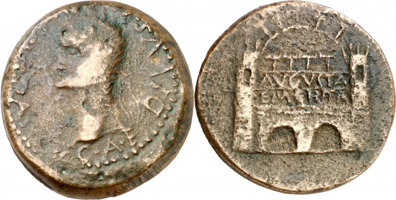 Tiberio. Emérita (Mérida). Dupondio. (FAB. 1032) (ACIP. 3395a). 29,52 g. BC+/MBC...