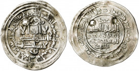 Califato. AH 355. Al-Hakem II. Medina Azzahra. Dirhem. (V. 454) (Fro. 34). Dos perforaciones de época. 2,09 g. (MBC+).