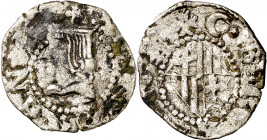 Ferran II (1479-1516). Barcelona. Dobler. (Cru.V.S. 1159 sim) (Cru.C.G. 3083c). Letras latinas. Busto y escudo grandes. Incrustaciones. 0,91 g. BC+/MB...