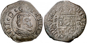 1664. Felipe IV. Segovia. S. 16 maravedís. (Barrera falta). Falsa de época de fecha imposible para este ensayador. Busto muy curioso. 4,05 g. MBC+.